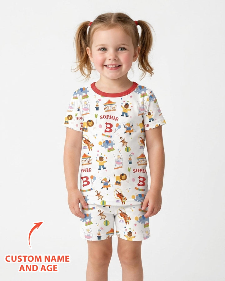 Custom Name Birthday Circus Bamboo Two Piece Short Sleeve Shorts Pajama Set