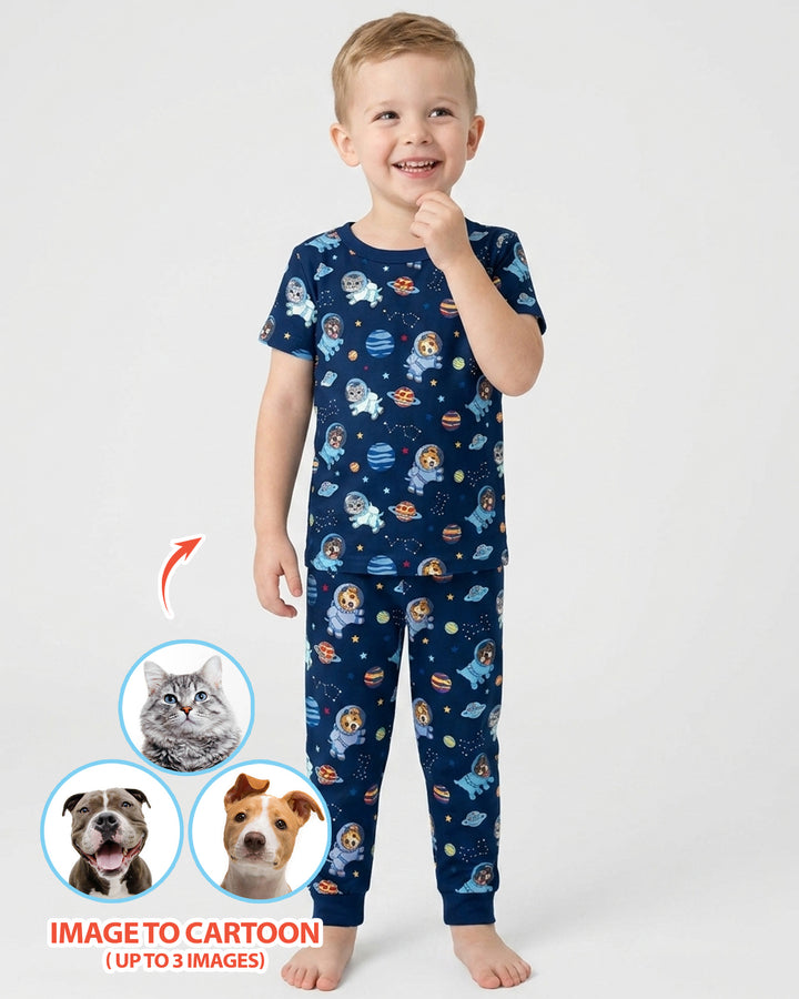 Astronaut Custom Pet Image Family Matching Bamboo Two Piece Short Sleeve Pajama Set