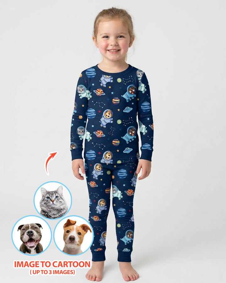 Astronaut Custom Pet Image Family Matching Bamboo Two Piece Long Sleeve Pajama Set
