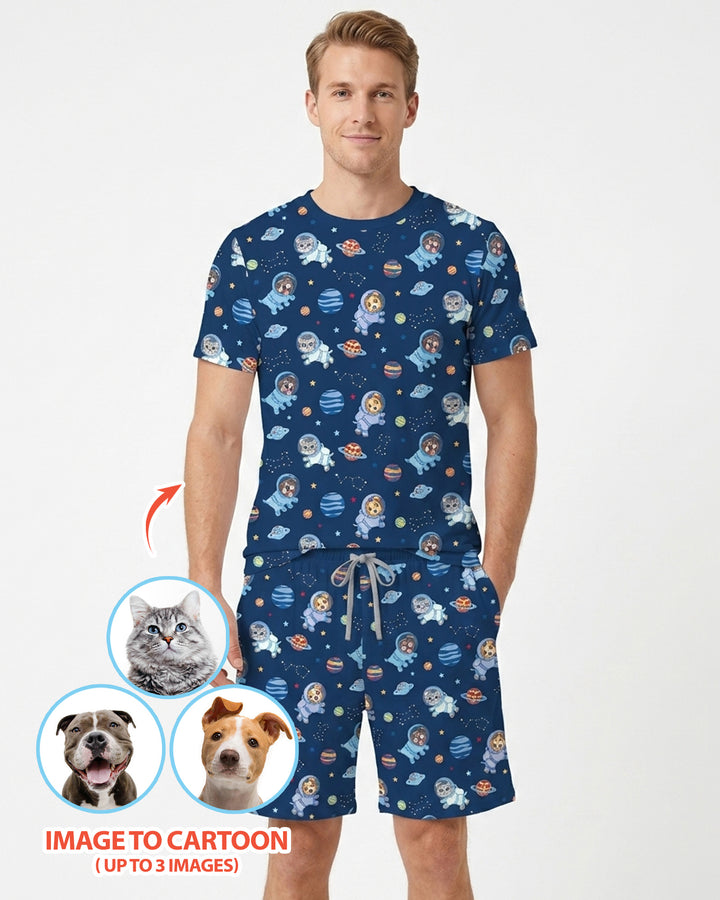 Astronaut Custom Pet Image Family Matching Bamboo Men Short Sleeve Short Pajama Set