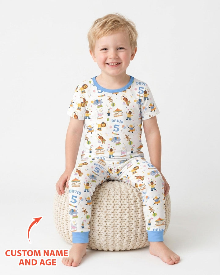 Custom Name Birthday Circus Bamboo Two Piece Short Sleeve Pajama Set