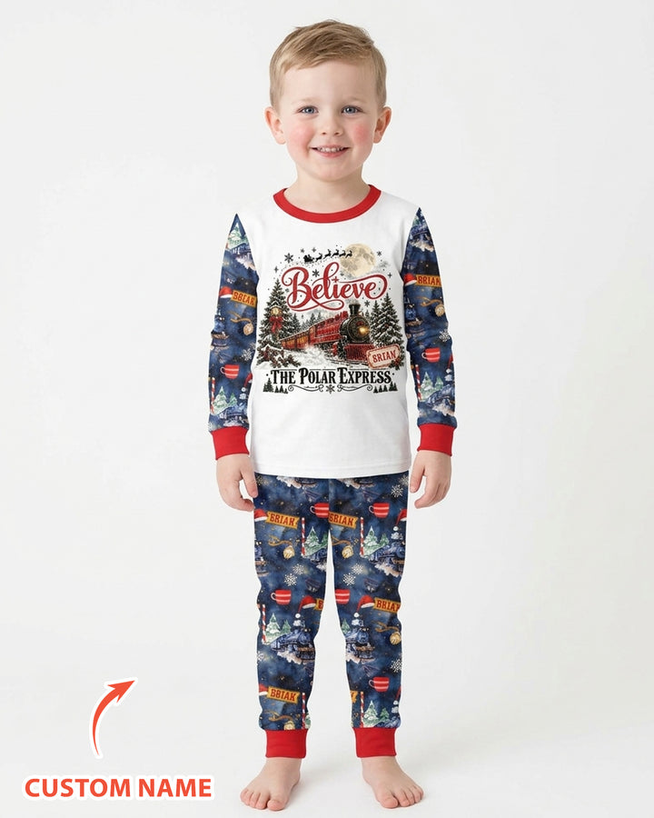 Believe North Pole Train Custom Name  Bamboo Two Piece Long Sleeve Pajama Set