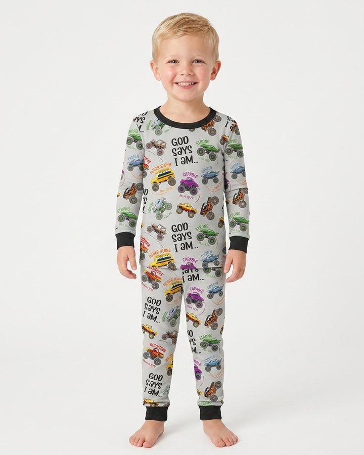God Says I Am Monster Truck Bamboo Two Piece Long Sleeve Pajama Set