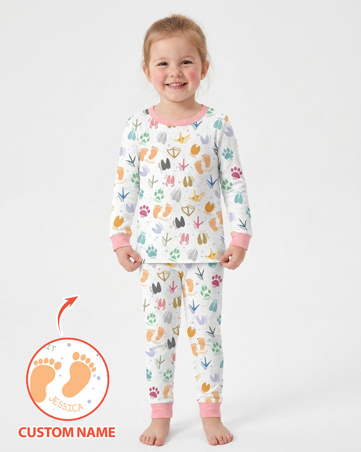 Cute Farm Animal Tracks Custom Name Bamboo Two Piece Long Sleeve Pajama Set