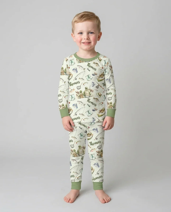 Custom Name Fishing Day Daddy & Me Matching Bamboo Two Piece Long Sleeve Pajama Set