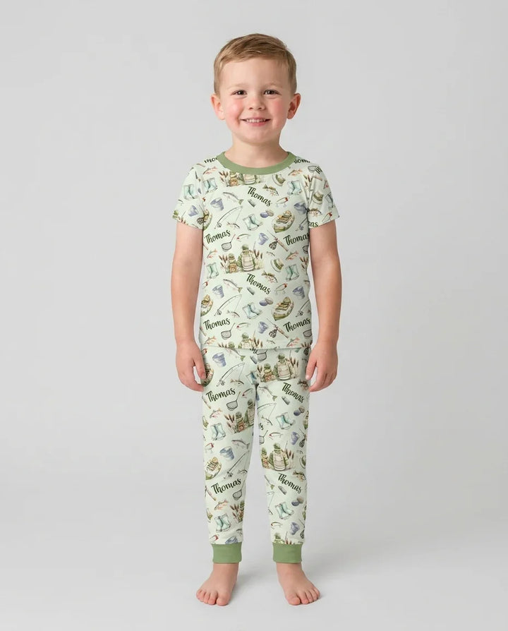 Custom Name Fishing Day Daddy & Me Matching Bamboo Two Piece Short Sleeve Pajama Set