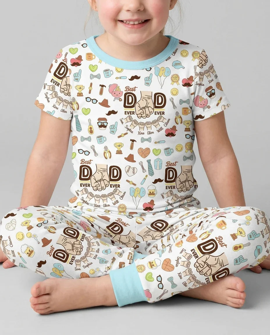 Custom Kids Name Best Dad Ever Bamboo Two Piece Short Sleeve Pajama Set