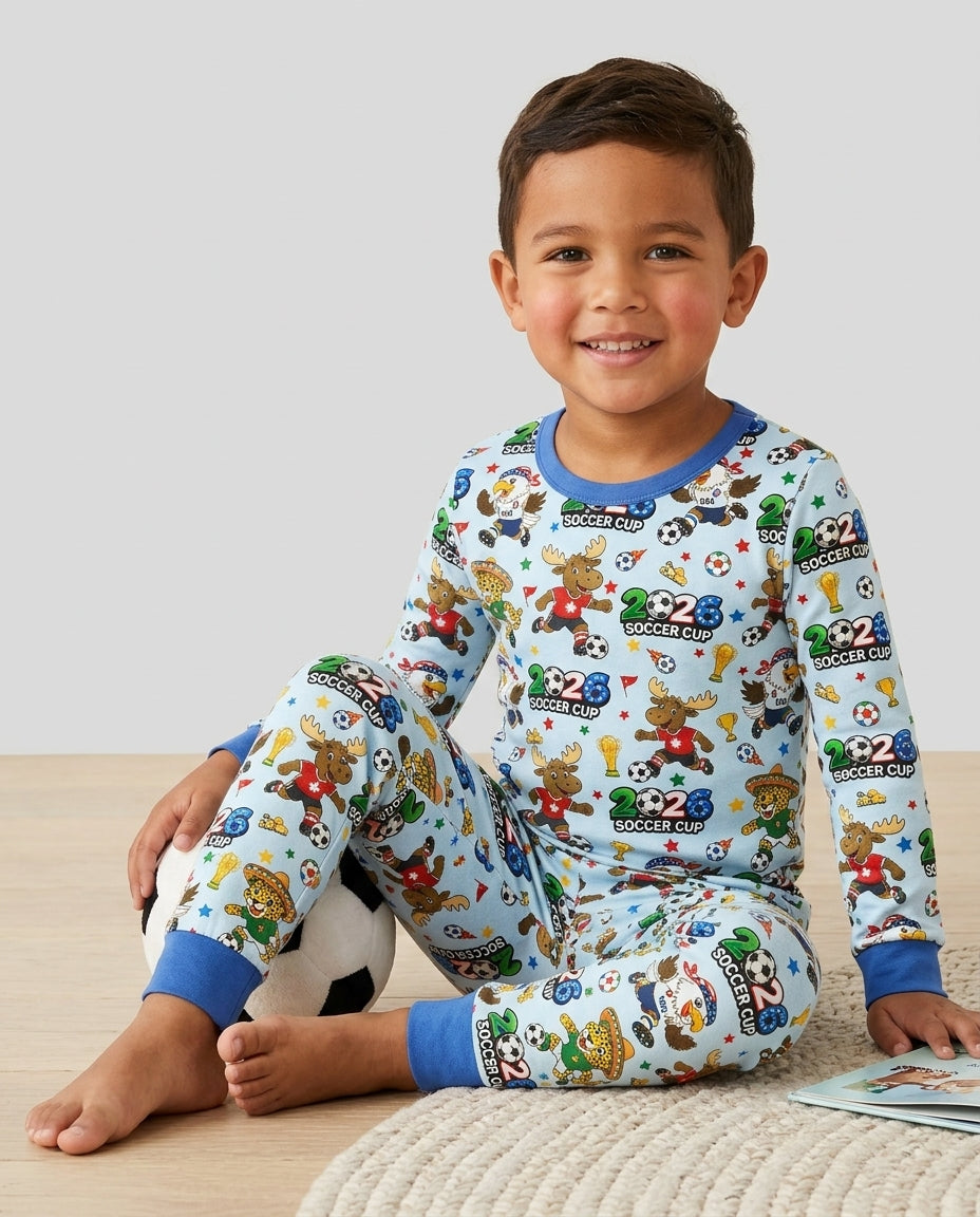 Soccer Cup Cute Mascots Bamboo Two Piece Long Sleeve Pajama Set
