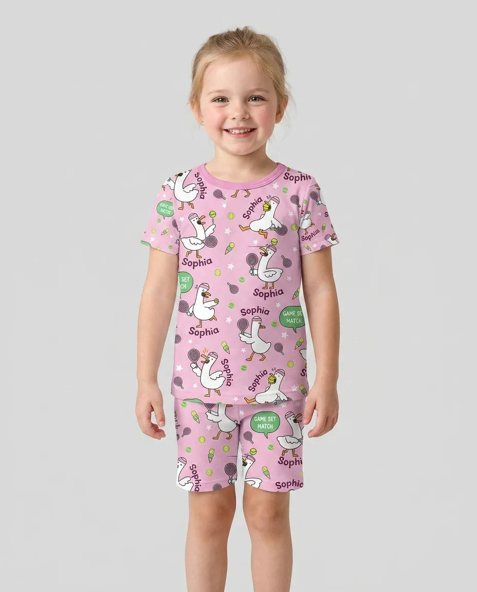 Silly Goose Playing Tennis Bamboo Two Piece Short Sleeve Shorts Pajama Set