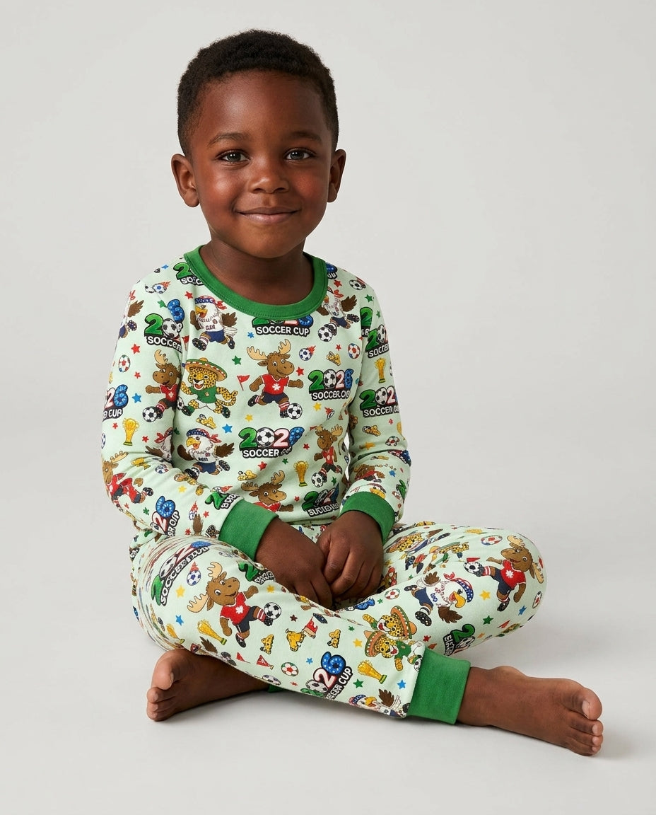 Soccer Cup Cute Mascots Bamboo Two Piece Long Sleeve Pajama Set