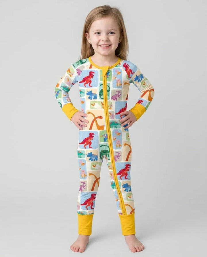 Pijama enterizo de bambú convertible Rainbow Dino Friends a juego para toda la familia