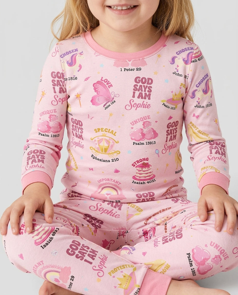God Says I Am Custom Name - Dreamy Princess Bamboo Two Piece Long Sleeve Pajama Set