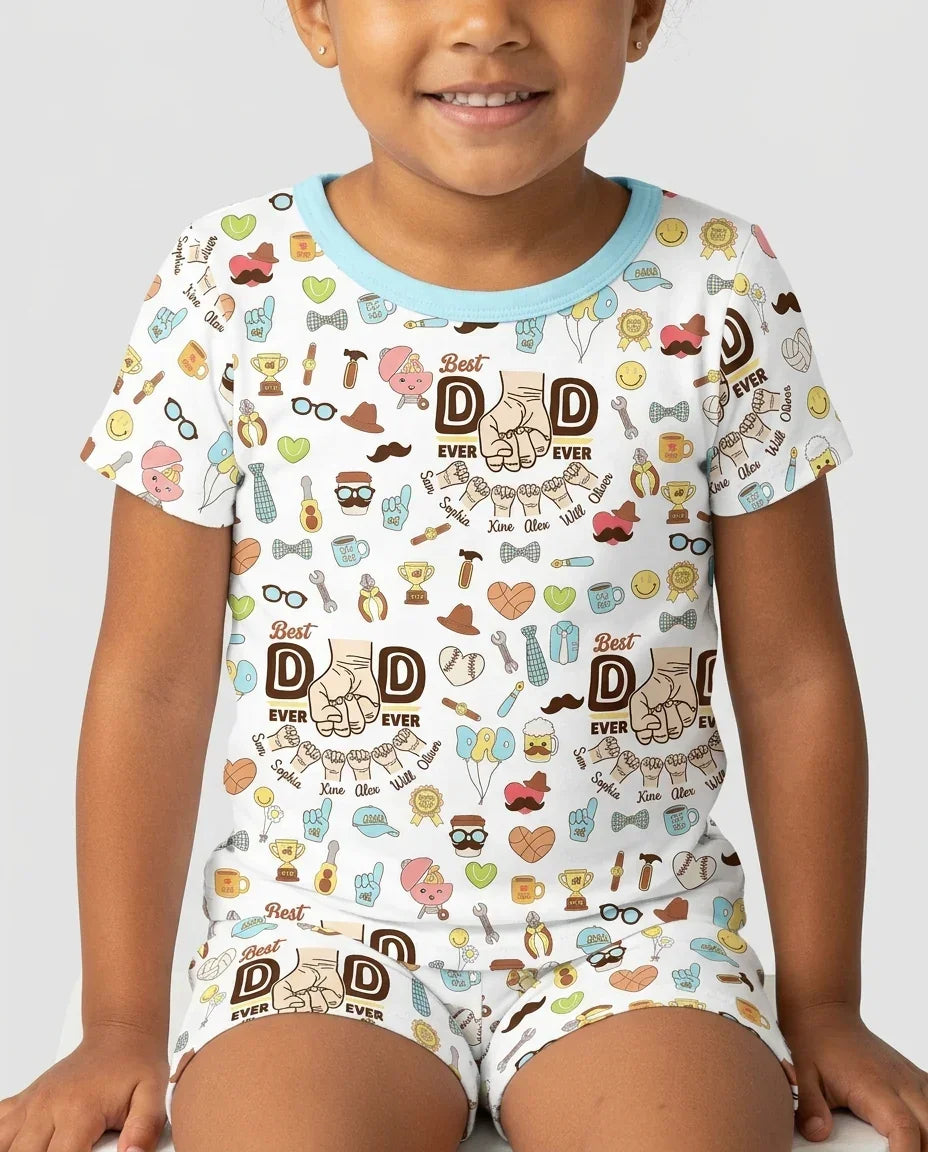Custom Kids Name Best Dad Ever Bamboo Two Piece Short Sleeve Shorts Pajama Set