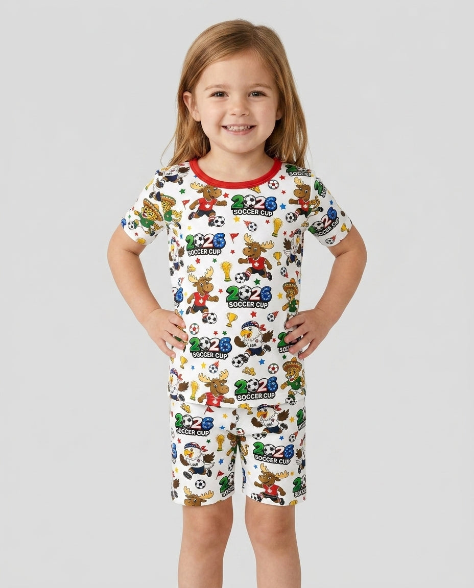 Soccer Cup Cute Mascots Two Piece Short Sleeve Shorts Pajama Set