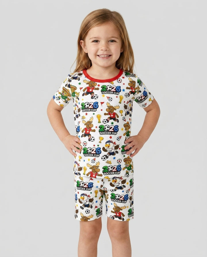 Soccer Cup Cute Mascots Two Piece Short Sleeve Shorts Pajama Set