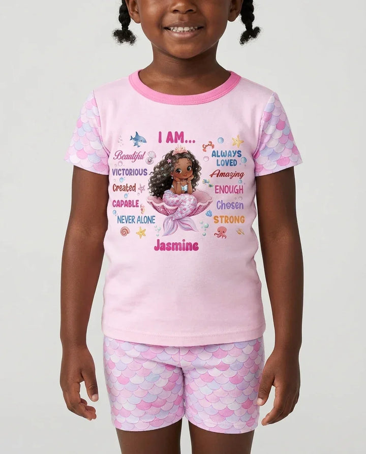 Custom Name Black Mermaid I Am Beautiful Bamboo Two Piece Short Sleeve Shorts Pajama Set