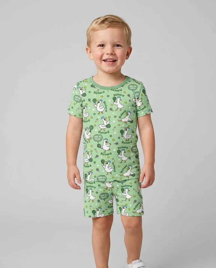 Silly Goose Playing Tennis Bamboo Two Piece Short Sleeve Shorts Pajama Set