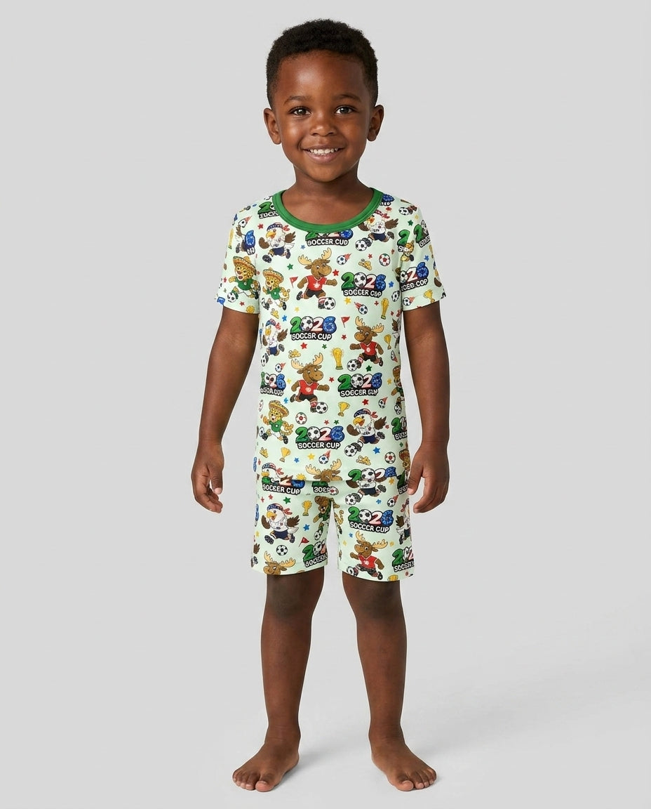 Soccer Cup Cute Mascots Two Piece Short Sleeve Shorts Pajama Set