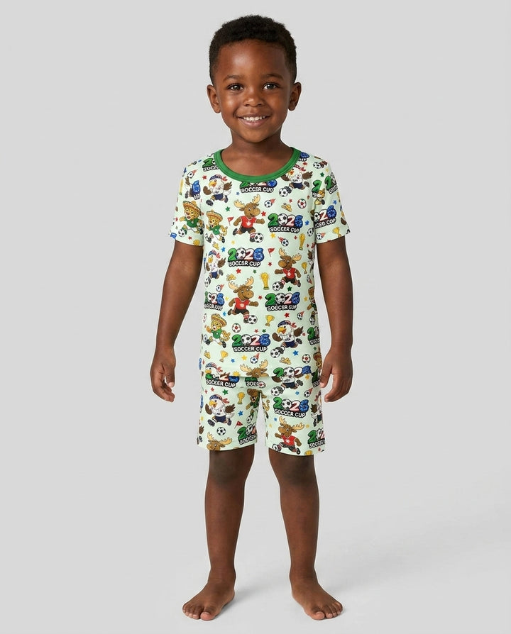 Soccer Cup Cute Mascots Two Piece Short Sleeve Shorts Pajama Set