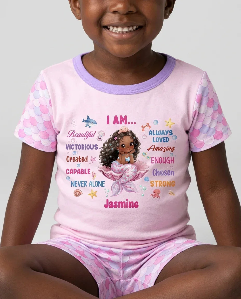 Custom Name Black Mermaid I Am Beautiful Bamboo Two Piece Short Sleeve Shorts Pajama Set