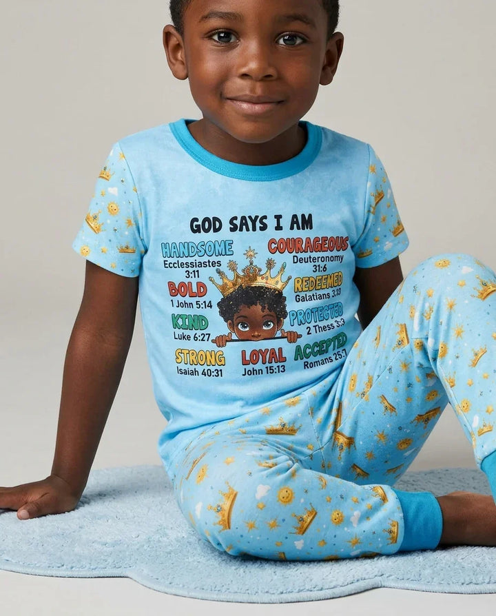 God Says I Am Afro  Boy  Bamboo Two Piece Short Sleeve Pajama Set