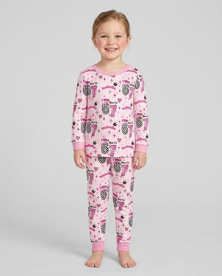 I Was 6 Now I'm 7 Girls Birthday Bamboo Two Piece Long Sleeve Pajama Set
