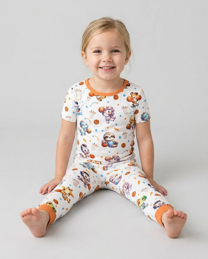 Cartoon Basketball Animals Bamboo Two Piece Short Sleeve Pajama Set