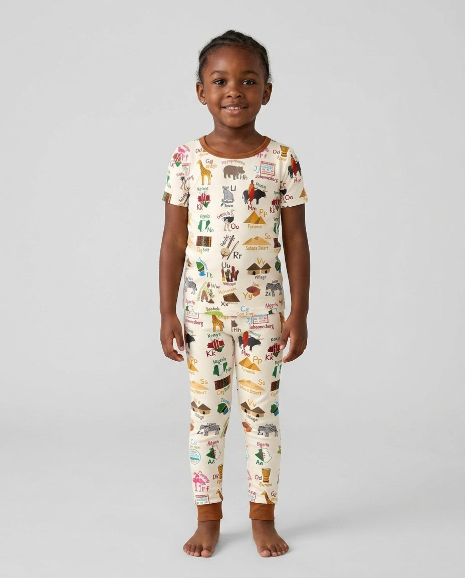 Explore Africa Geography Alphabet Bamboo Two Piece Short Sleeve Pajama Set