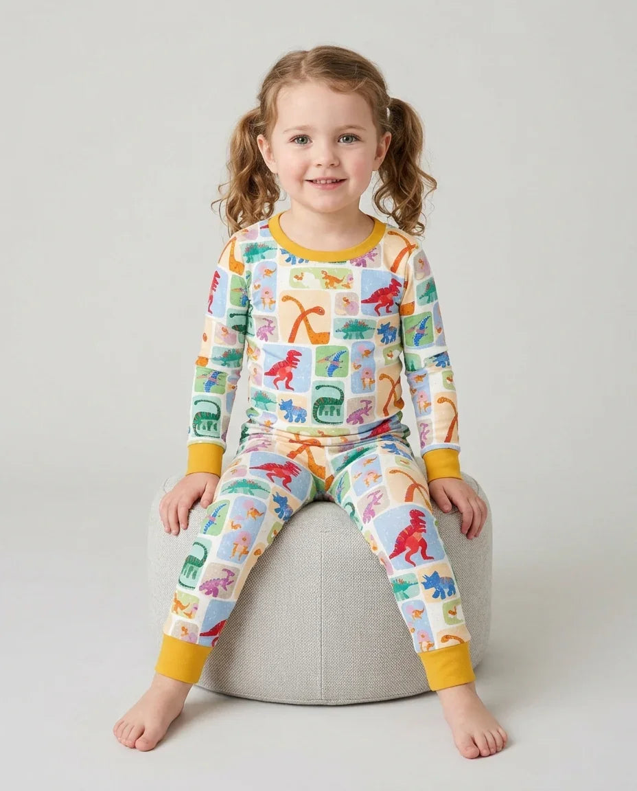Pijama de dos piezas de bambú de manga larga Rainbow Dino Friends a juego para toda la familia