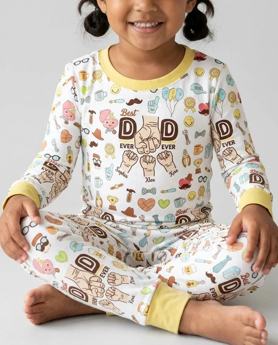 Custom Kids Name Best Dad Ever Bamboo Two Piece Long Sleeve Pajama Set