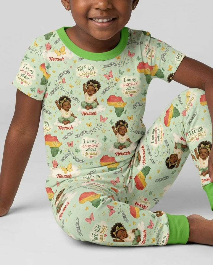 Custom Name Juneteenth I Am My Ancestors' Wildest Dream Bamboo Two Piece Short Sleeve Pajama Set