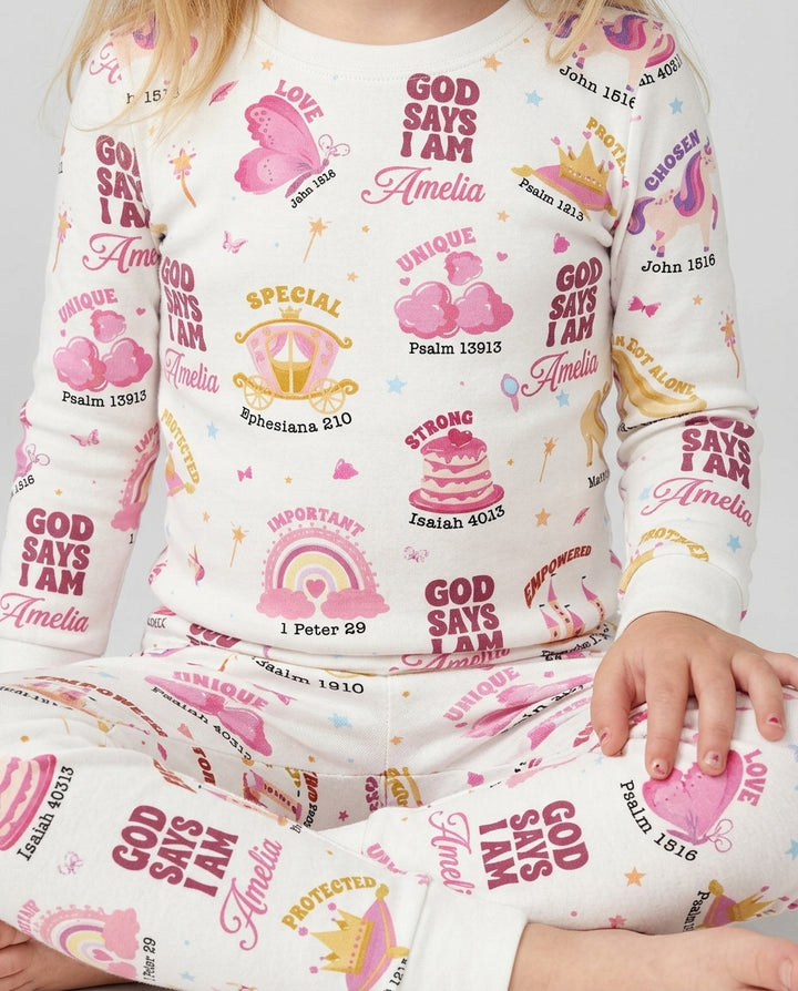 God Says I Am Custom Name - Dreamy Princess Bamboo Two Piece Long Sleeve Pajama Set