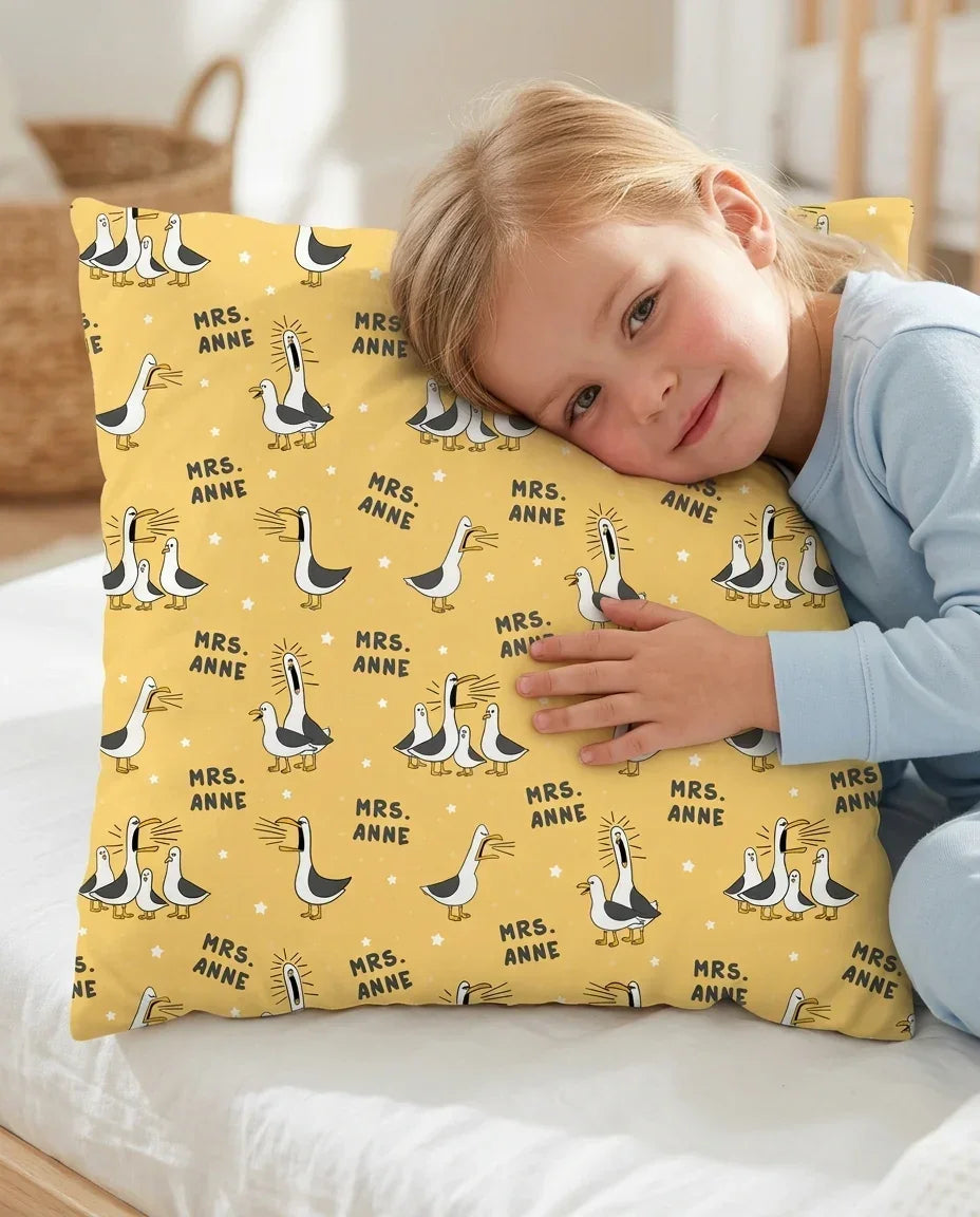 Funda de almohada de bambú con divertidas gaviotas personalizadas para profesores