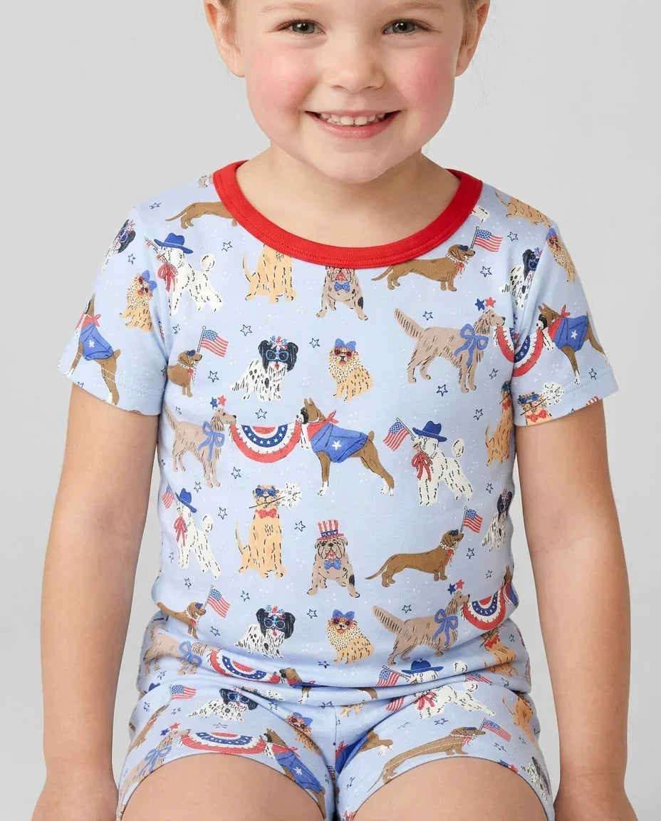 Conjunto de pijama de dos piezas de bambú a juego para la familia, con estampado de "Patriotic Pups", de manga corta y pantalón corto