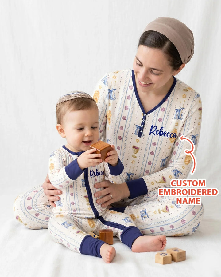 Personalisierter, bestickter Shabbat-Pyjama für Damen aus Bambus im Partnerlook mit Mama