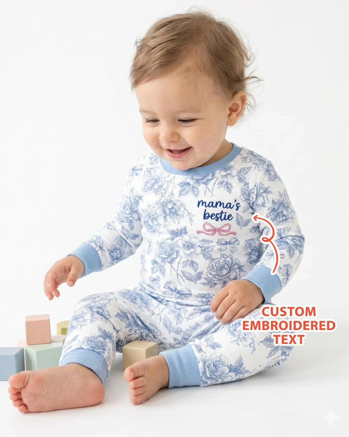 Conjunto de pijama de dos piezas de bambú de manga larga personalizado con bordado Mommy and Me Toile