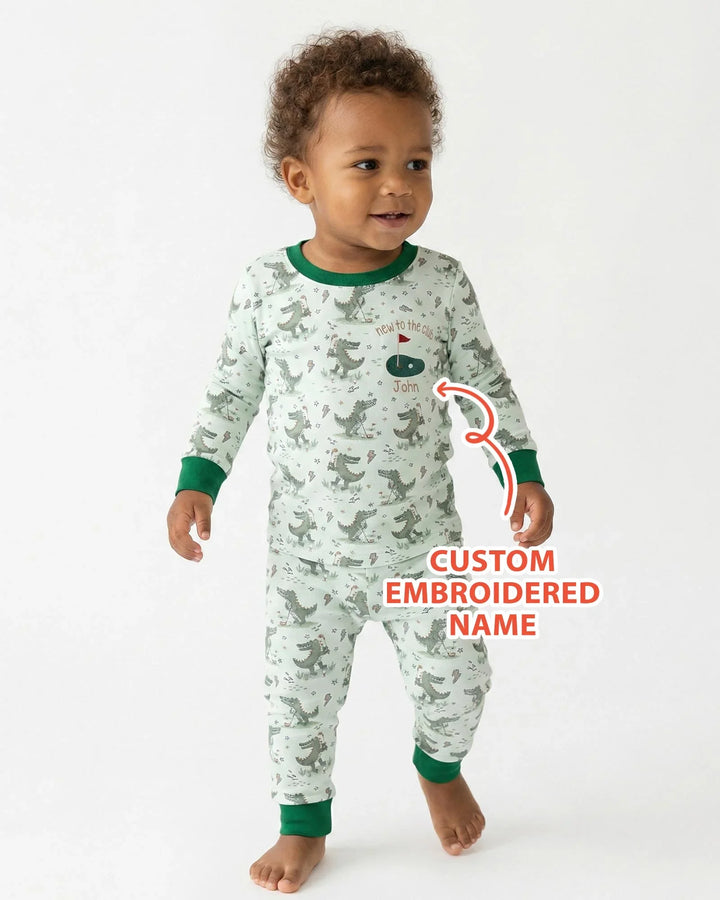 Personalized Embroidered Name Crocodile Golf Bamboo Two Piece Long Sleeve Pajama Set