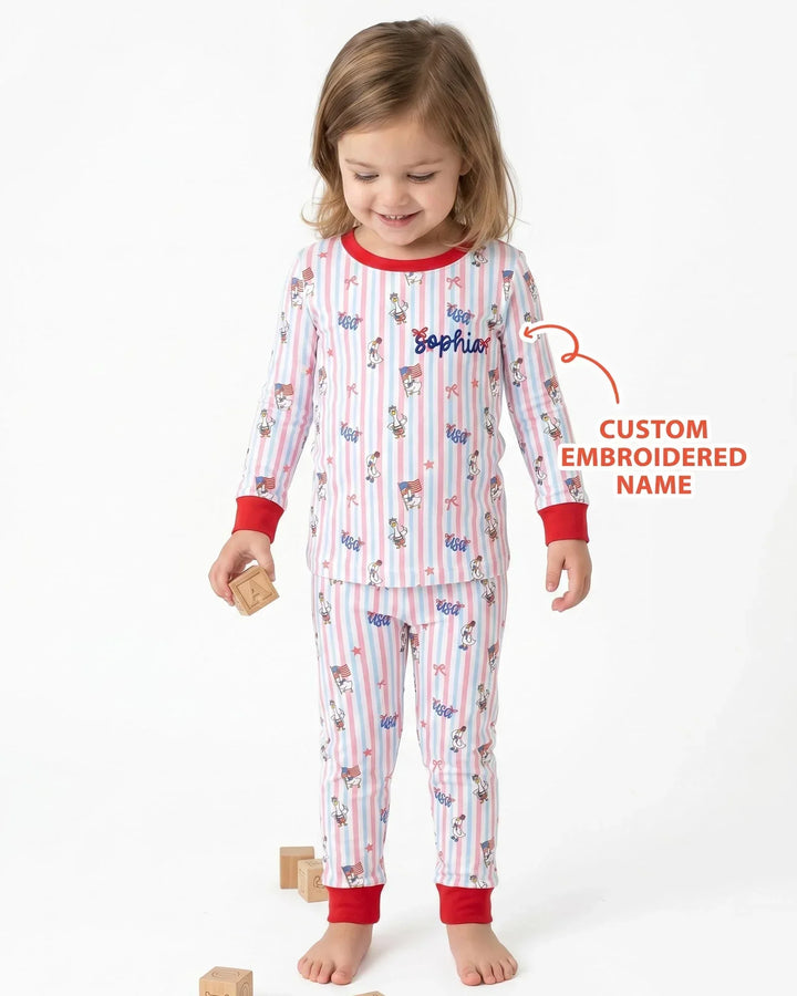 Personalized Cute Goose America 250 Embroidered Bamboo Two Piece Long Sleeve Pajama Set