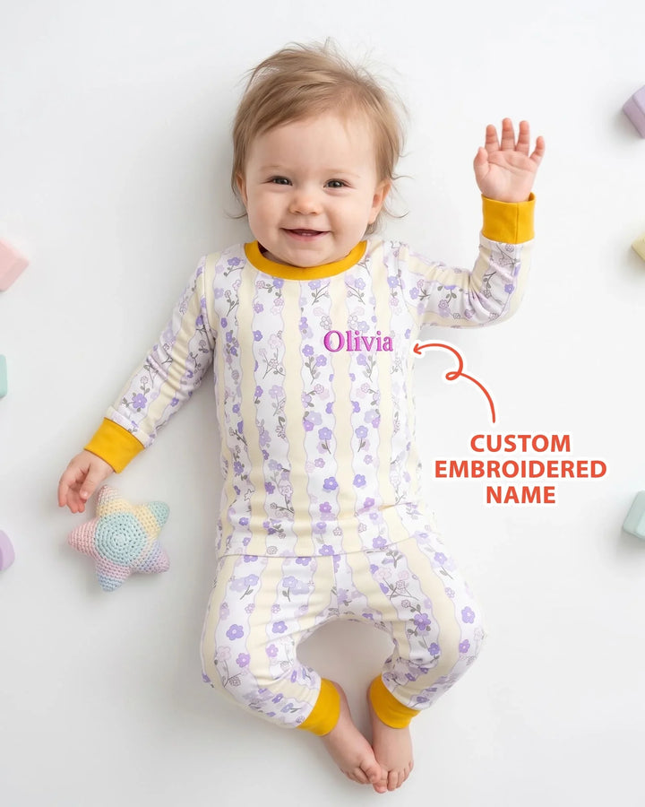 Custom Embroidered First Mother's Day Mommy And Me Bamboo Two Piece Long Sleeve Pajama Set