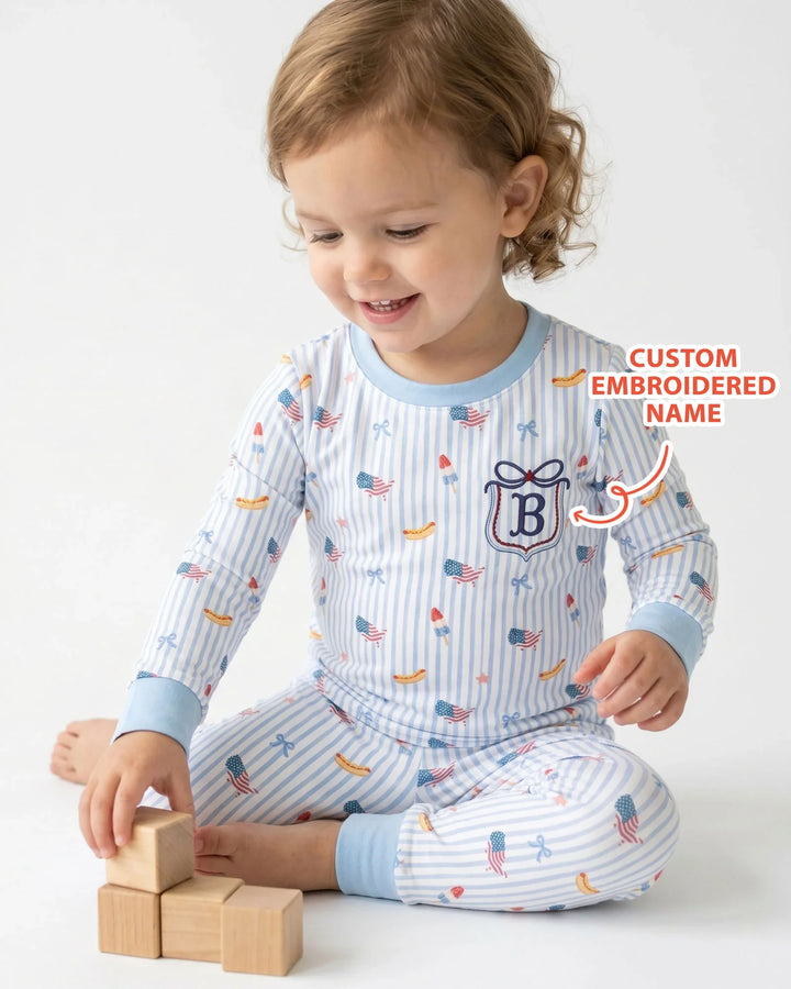 Personalized 4th Of July Embroidered Bamboo Two Piece Long Sleeve Pajama Set