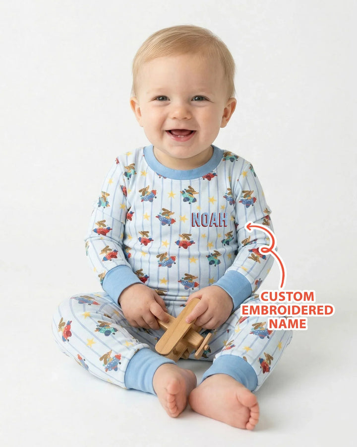 Custom Name Embroidered Dachshund Pilot Bamboo Two Piece Long Sleeve Pajama Set