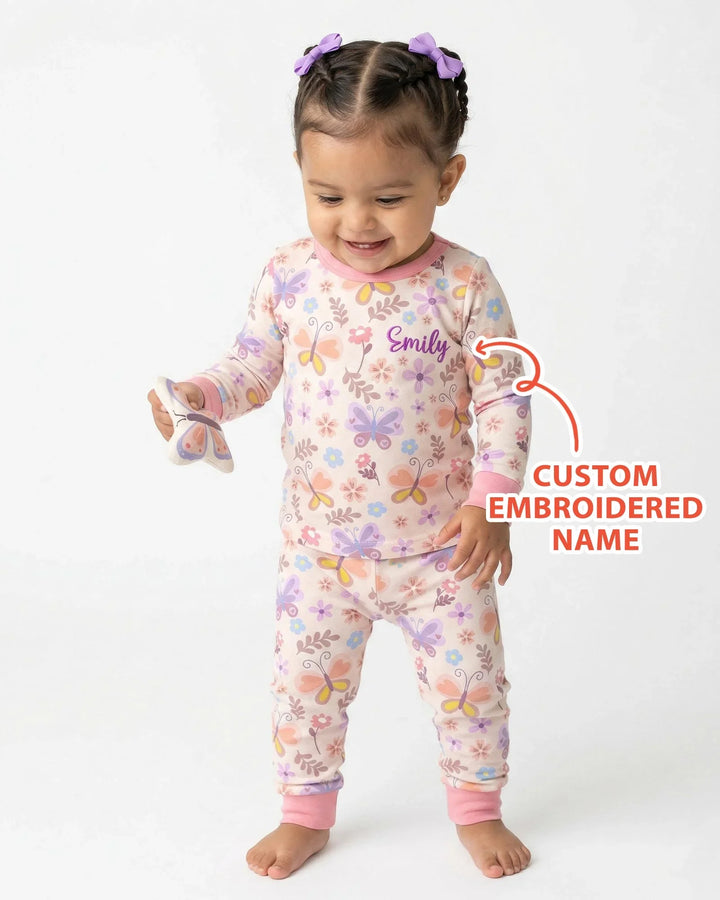 Custom Embroidered Name Butterfly Bamboo Two Piece Long Sleeve Pajama Set