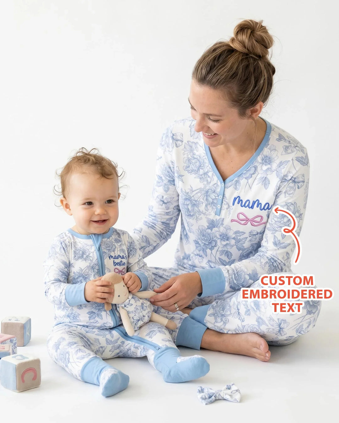 Custom Embroidered Mommy and Me Toile Matching Bamboo Women Pajama Set