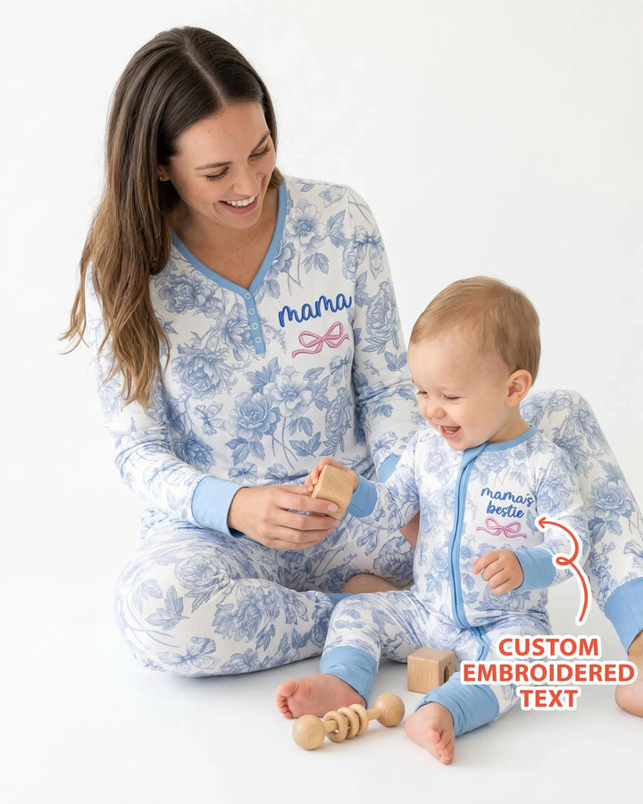Custom Embroidered Mommy and Me Toile Matching Bamboo Women Pajama Set