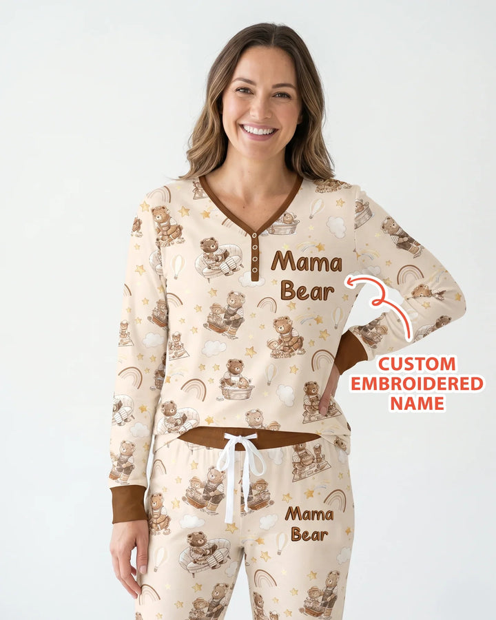 Besticktes Mama Bär und Baby Bär Pyjama-Set aus Bambus für Damen