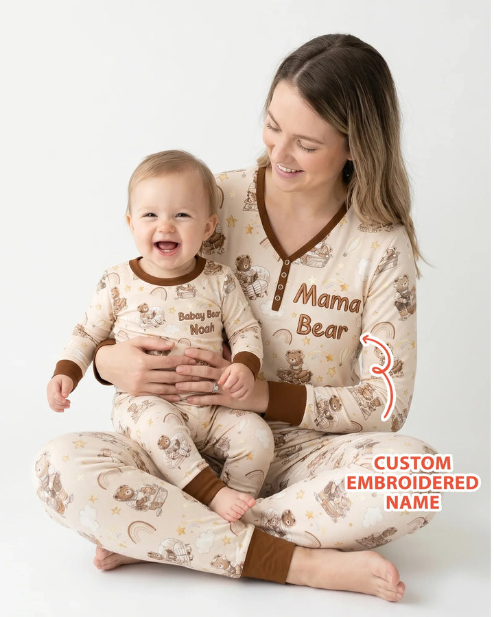 Besticktes Mama Bär und Baby Bär Pyjama-Set aus Bambus für Damen
