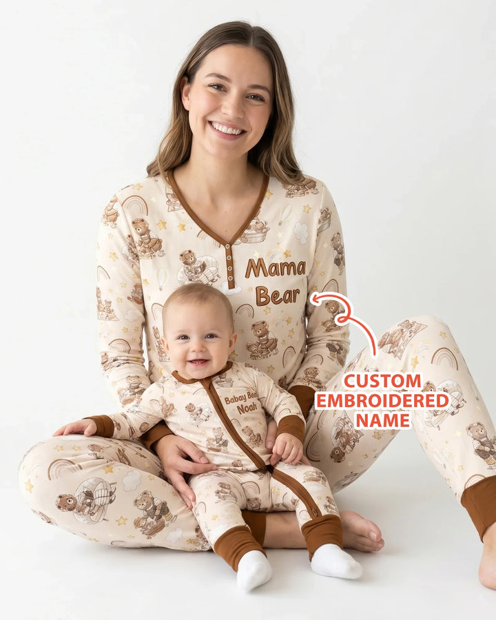 Besticktes Mama Bär und Baby Bär Pyjama-Set aus Bambus für Damen