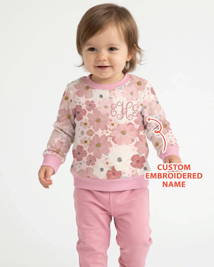 Sudadera de cuello redondo de bambú con nombre bordado personalizado y diseño floral