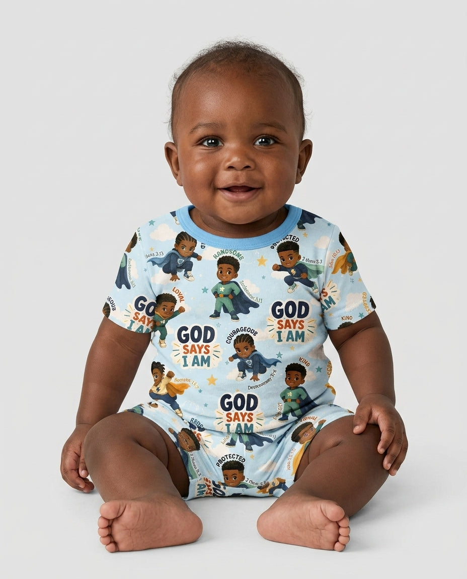 God Says I Am Black Superheroes Bamboo Two Piece Short Sleeve Shorts Pajama Set