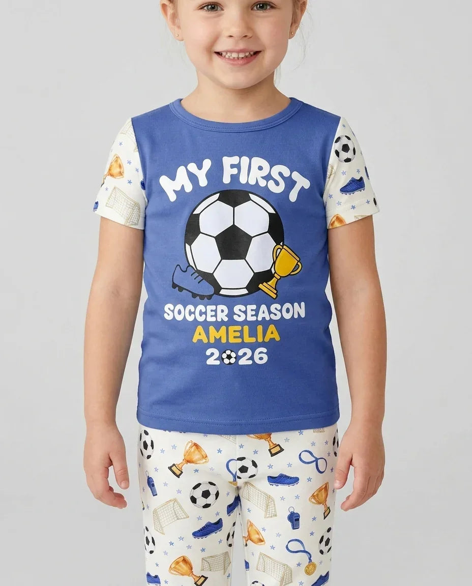 Custom Name My First Soccer Season Bamboo Two Piece Short Sleeve Pajama Set